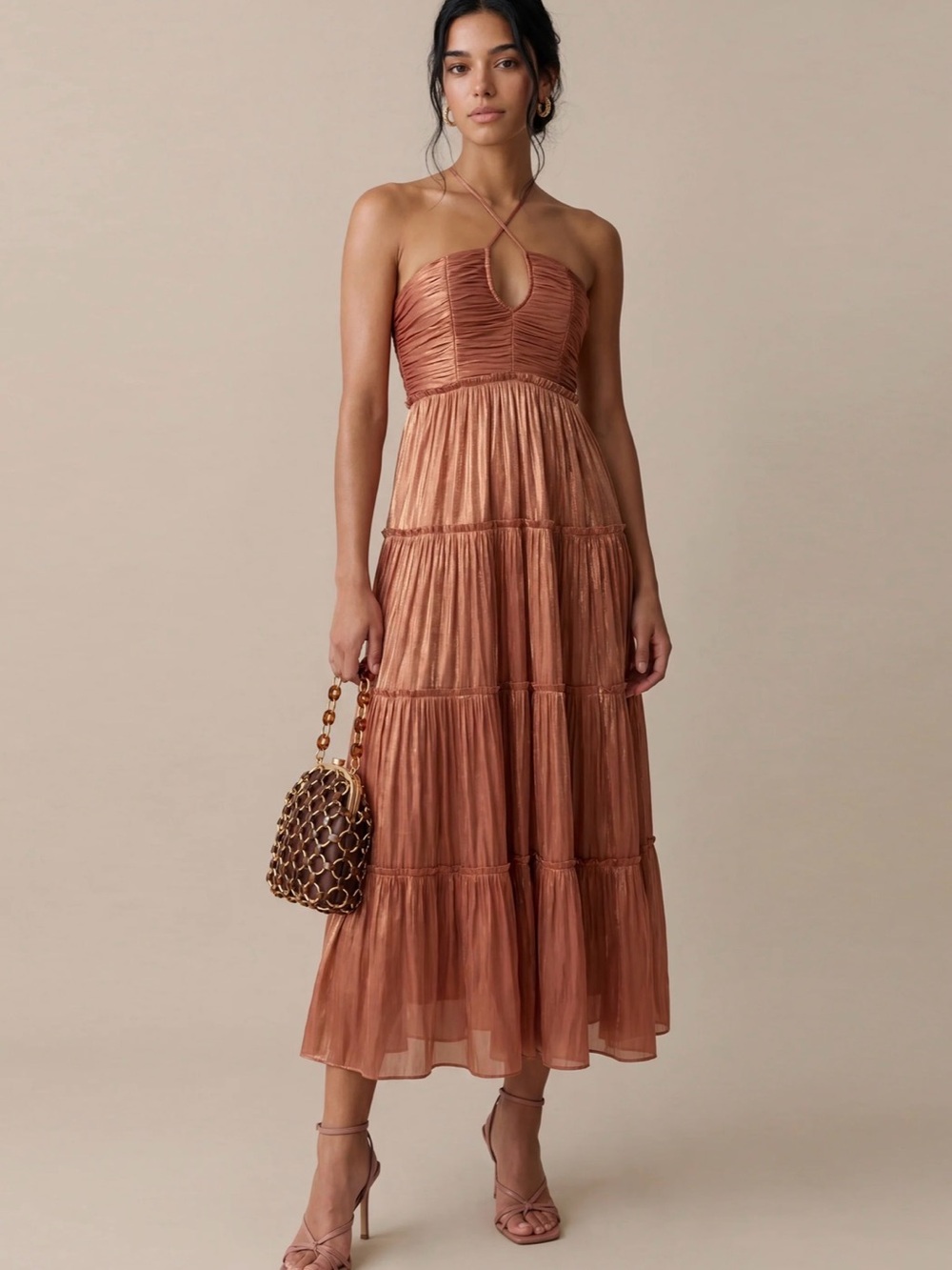 o.p.t East Dress Cowboy Copper Tiered Strappy Midi Dress in Rust size L